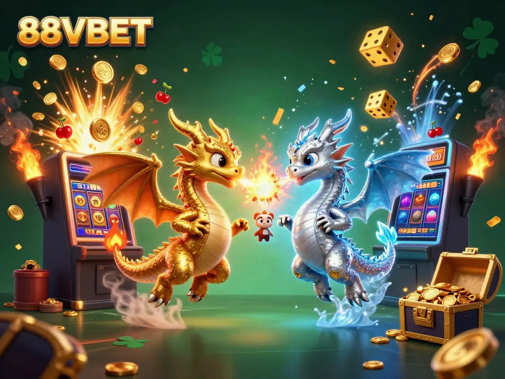 Experience a dynamic scene with the twin 3D cartoon dragons and casino elements, showcasing 88VBET gaming excitement.