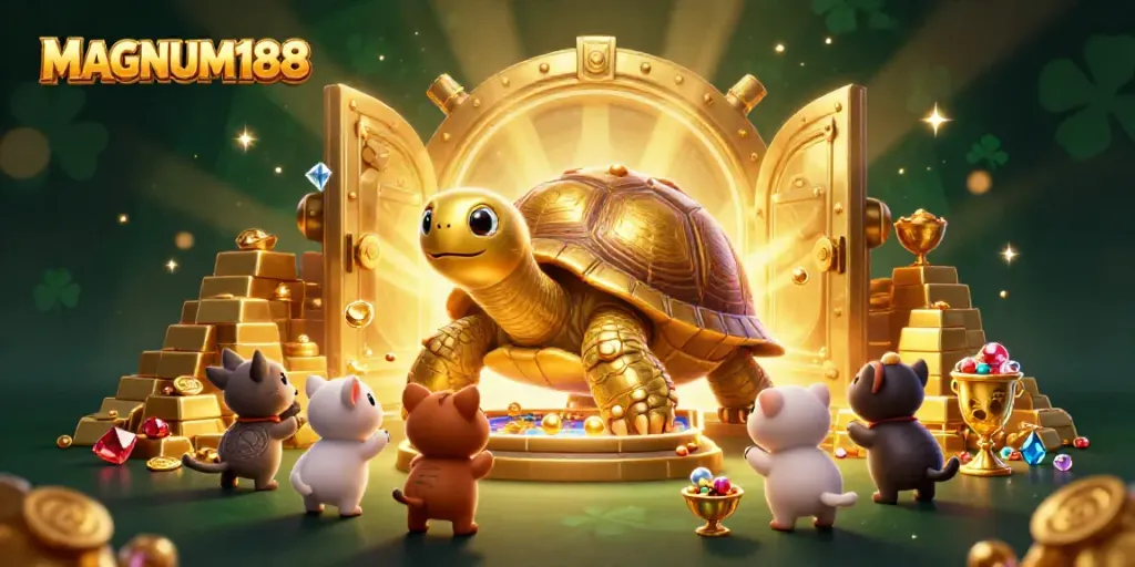 Win big at MAGNUM188 with this exciting illustration featuring online gaming elements and a golden tortoise!