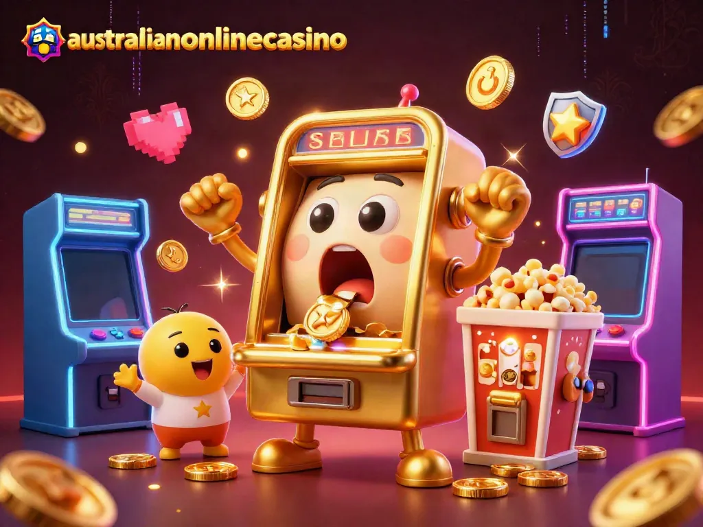 Experience surprise and excitement with the australianonlinecasino slot machine celebrating its jackpot win amidst fun gaming elements.