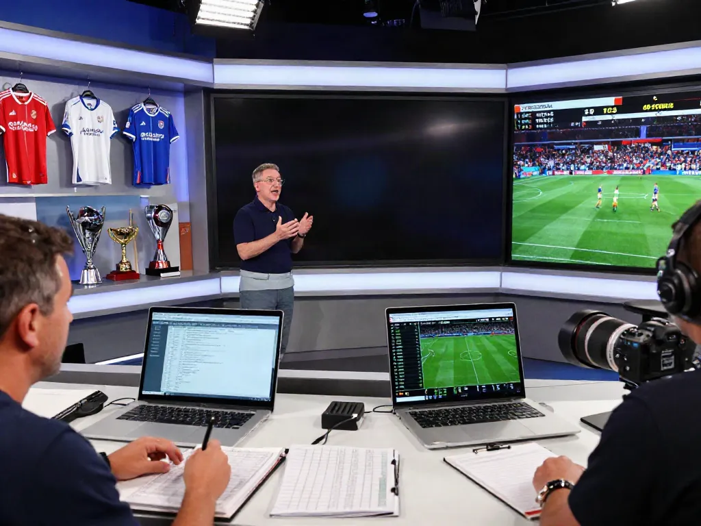 Analyst revealing TOP10FOOTBALL statistics in a modern sports studio