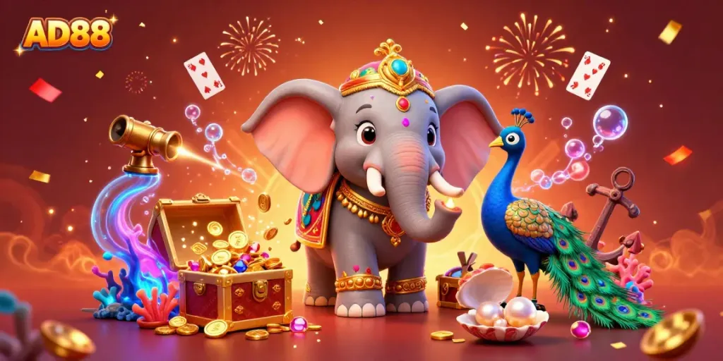 Engage with AD88’s vibrant online gaming world through a colorful scene featuring festive elements and treasure.