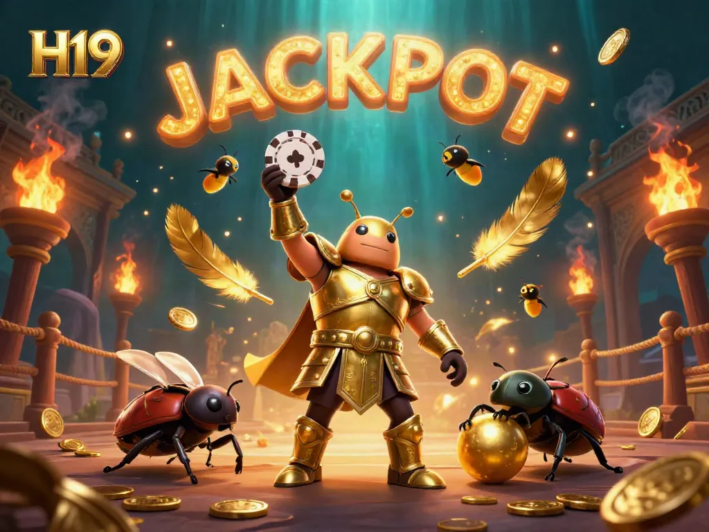 Experience the thrill of H19 casino with victorious characters, glowing jackpots, and dynamic gambling elements.