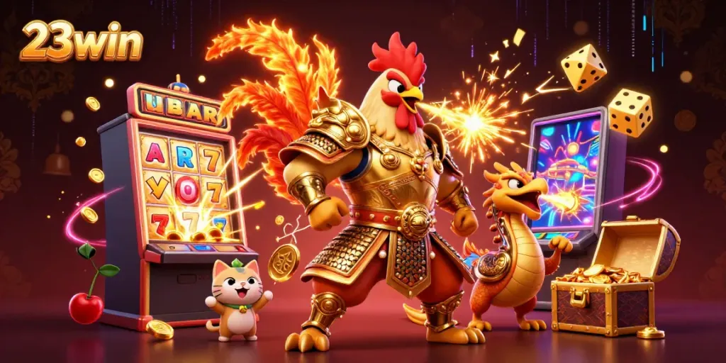 Experience the excitement of 23win's online casino with dazzling characters and vibrant gaming elements.