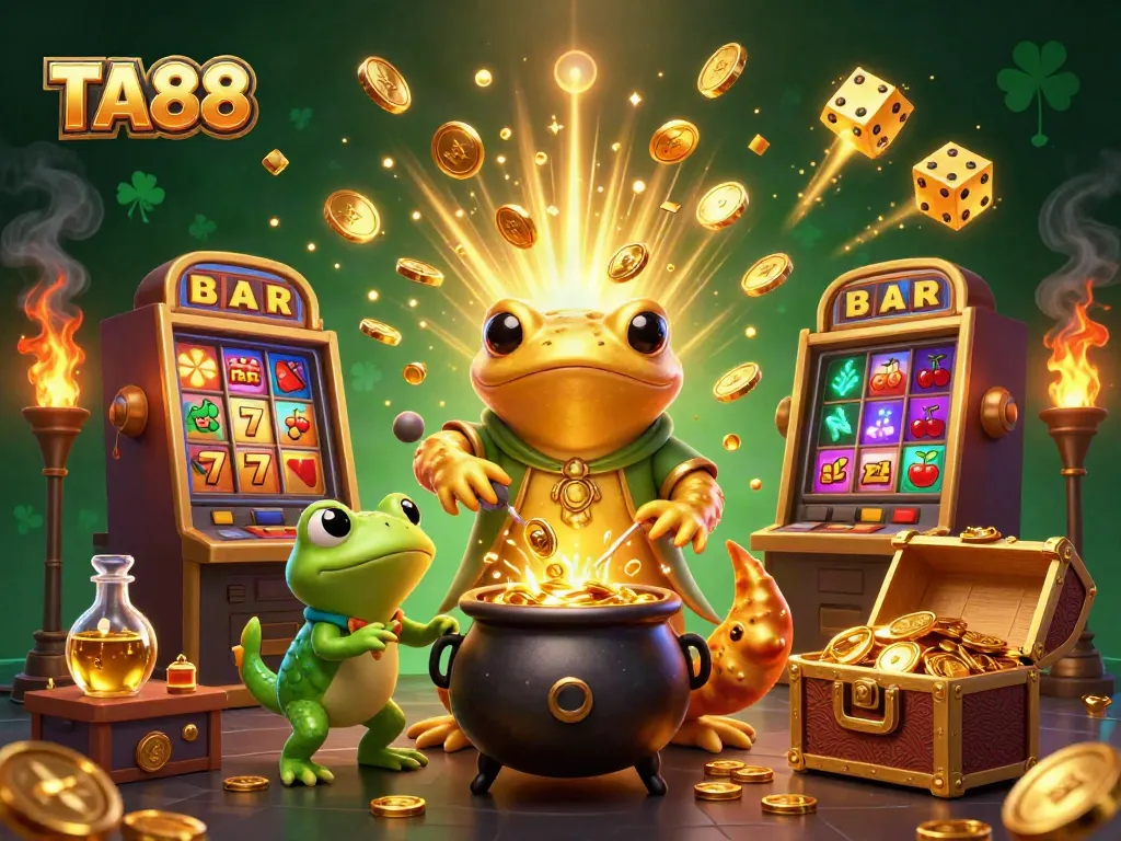 Win big at TA88 with a vibrant casino scene depicting gold transformations and jackpot excitement.