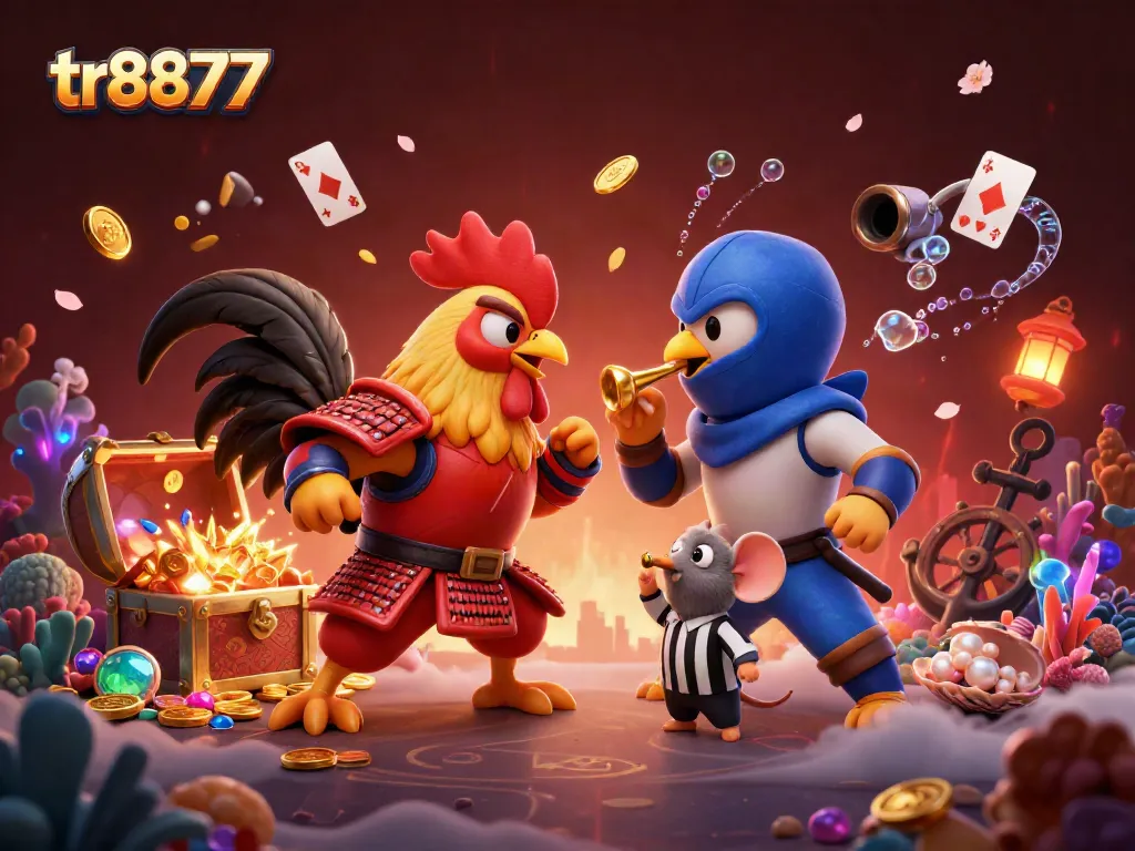 Engage in thrilling battles at tr8877, featuring cartoon fighting roosters and casino elements.