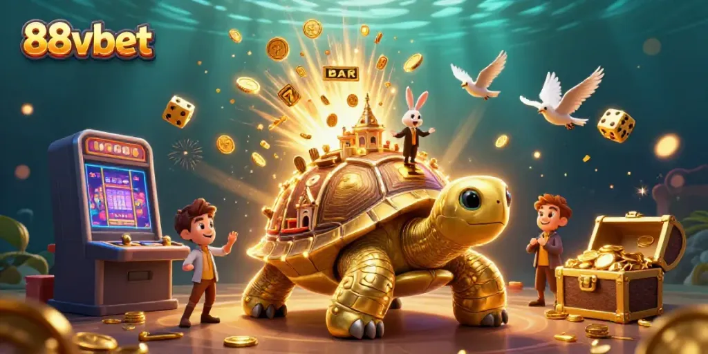 Win big with 88vbet in this vibrant 3D casino scene filled with golden delights.
