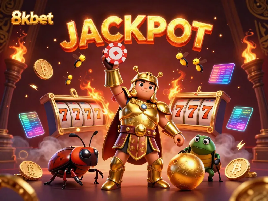 Experience the excitement of winning at 8xbet with a heroic beetle and vibrant elements depicting a jackpot!