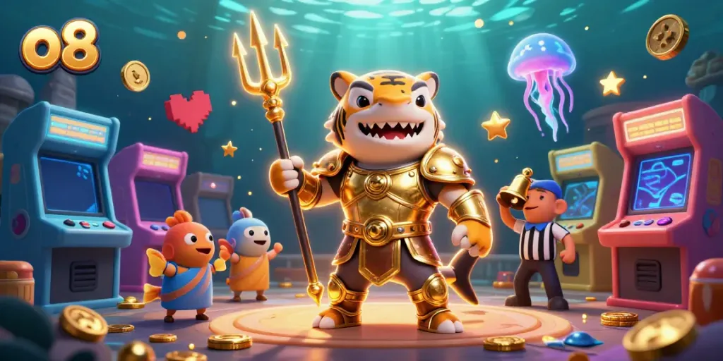 Experience the thrill of o8 with a dynamic illustration showcasing a tiger shark and arcade games in an underwater arena.