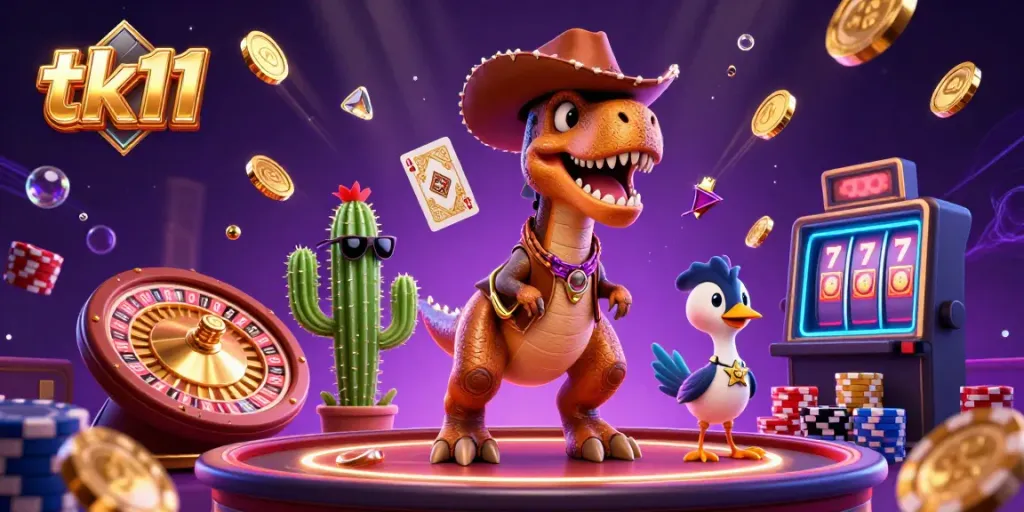 Engage with tk11's vibrant casino world featuring a dinosaur, cactus, and roadrunner with dynamic gaming elements.