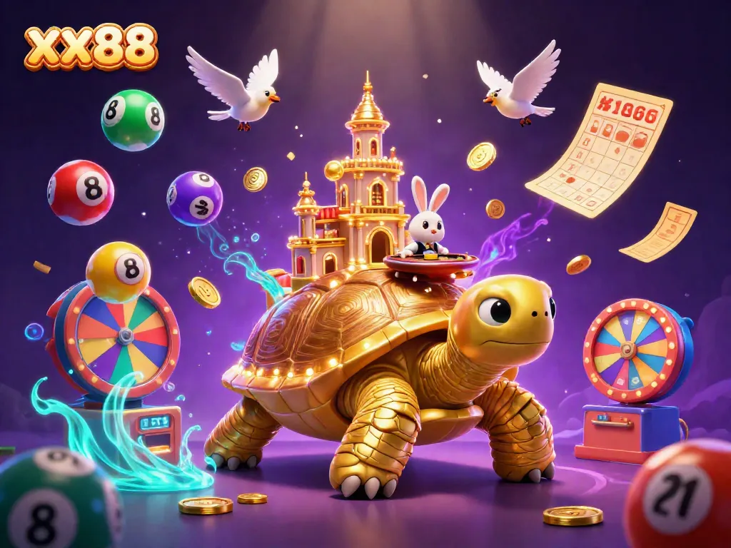 Engage with the lively xx88 casino scene featuring a golden tortoise and a card dealer.