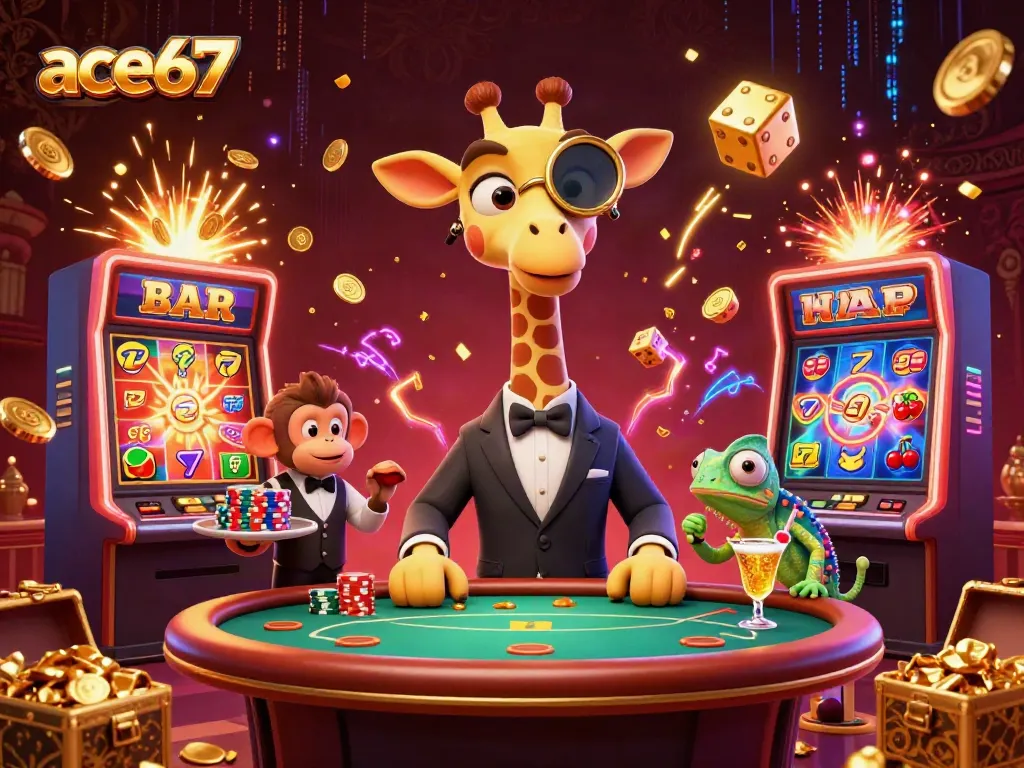 Experience the thrilling vibe of ace67 in an exciting 3D casino illustration featuring a high-roller giraffe and vibrant elements.