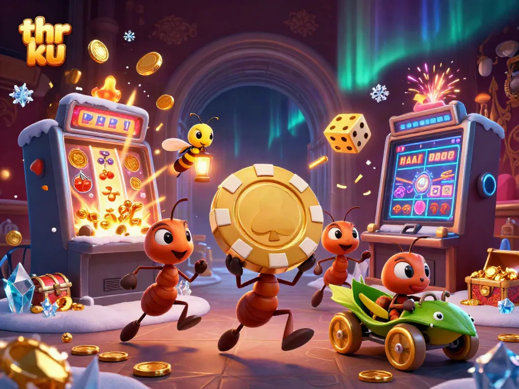 Engage with exciting gambling action featuring thr ku in a vibrant 3D illustration of ants heisting a giant poker chip.