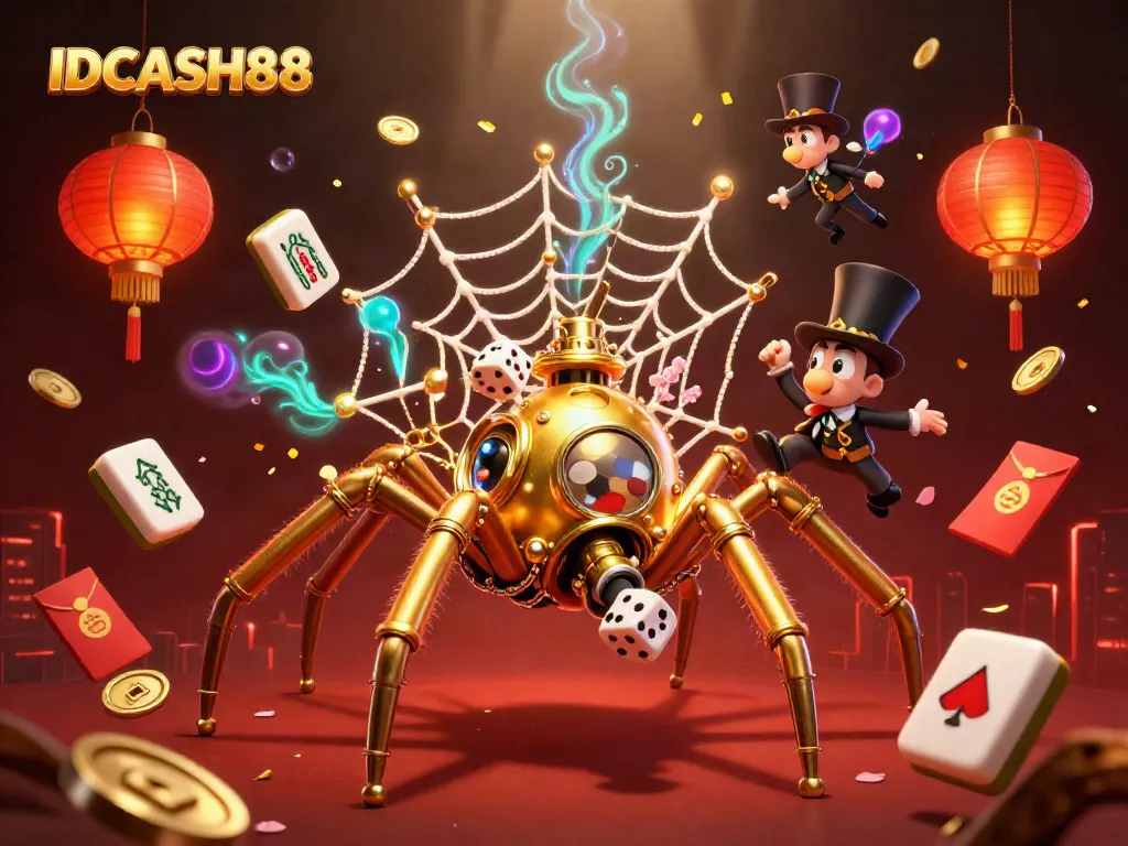 Experience the excitement of IDCASH88 with a playful steampunk spider illustration catching dice amid vibrant casino elements.