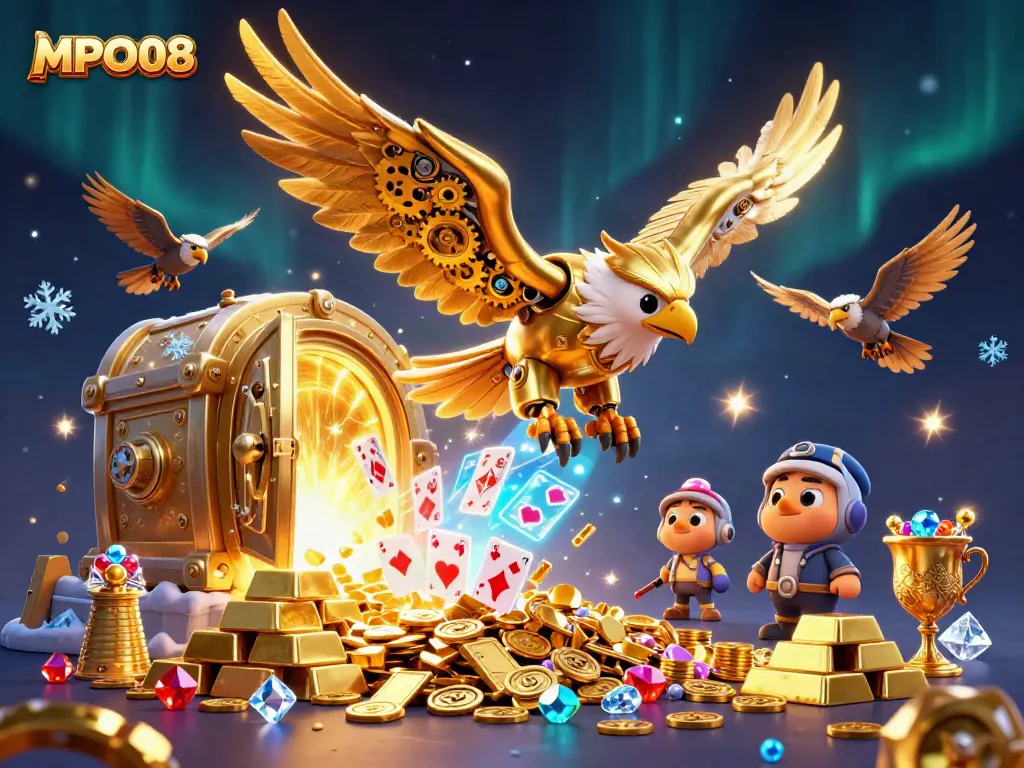 Experience the thrill of MPO08 through a vibrant 3D casino scene featuring a flying golden eagle amidst treasure and gaming elements.