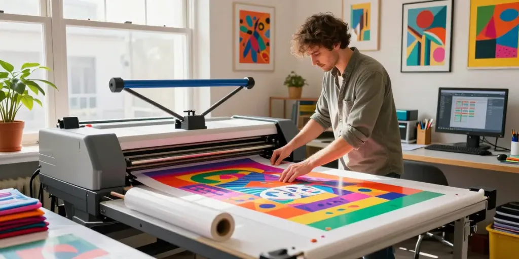 Custom DTF transfer sheets being printed in a vibrant Sacramento print shop.