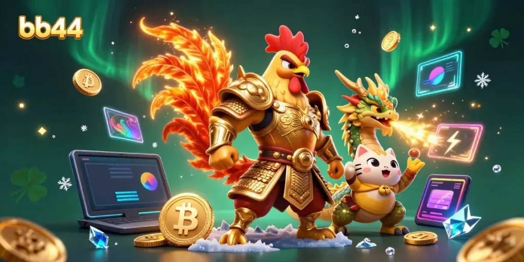 Engage with bb44's vibrant casino world featuring a samurai rooster, dragon, and crypto elements.