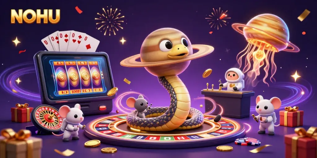 Engage in thrilling slots and casino fun with NOHU's cosmic illustration featuring a snake roulette and playful astronaut mice.