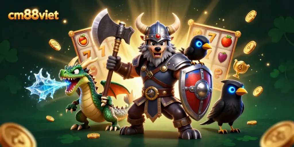 Witness an engaging scene with a Viking wolf warrior, dragon, and raven in a high-stakes slots atmosphere, highlighting cm88viet.