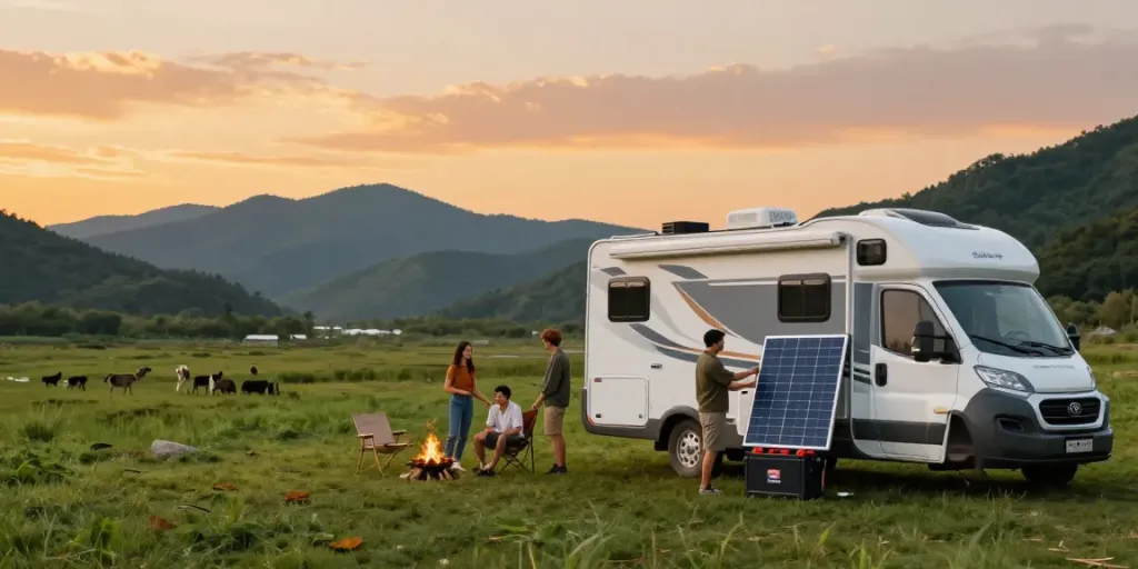 Couple setting up solar panels beside a lithium RV battery at a scenic campsite.
