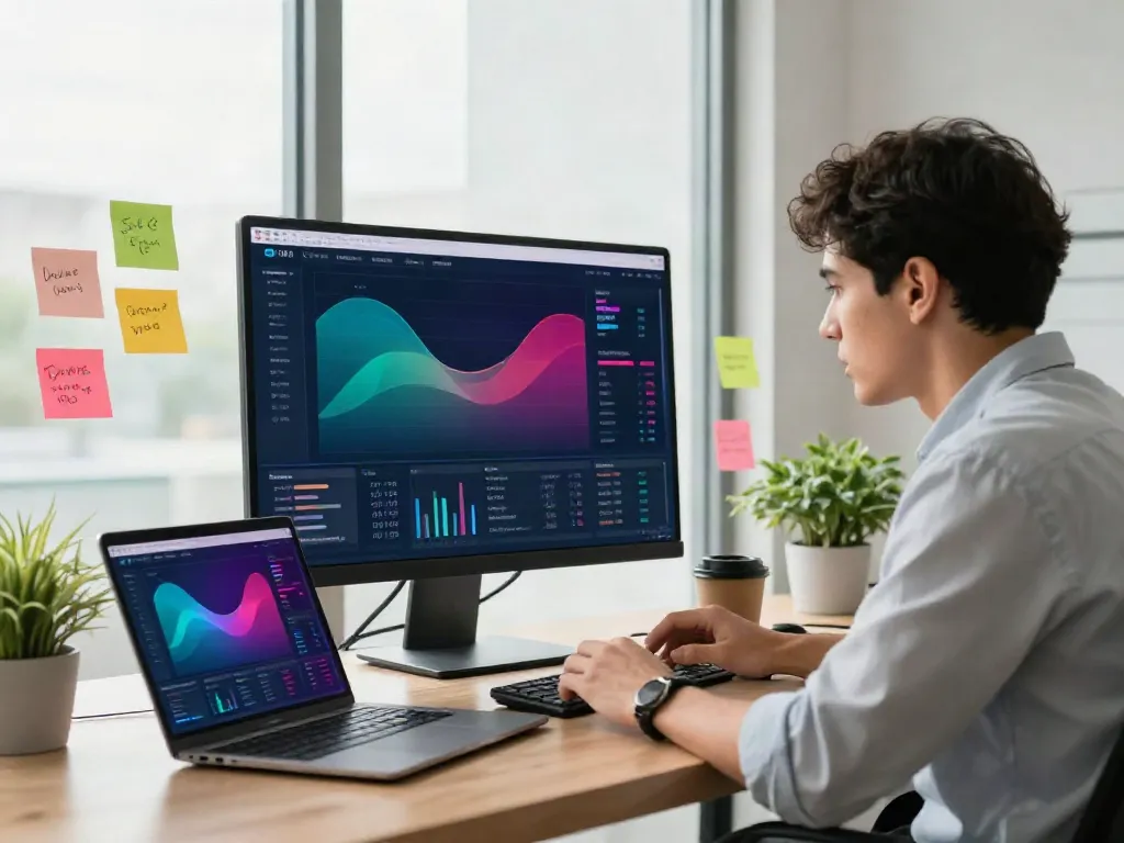 SEO specialist analyzes data and trends as SEOMoz says in a modern office.