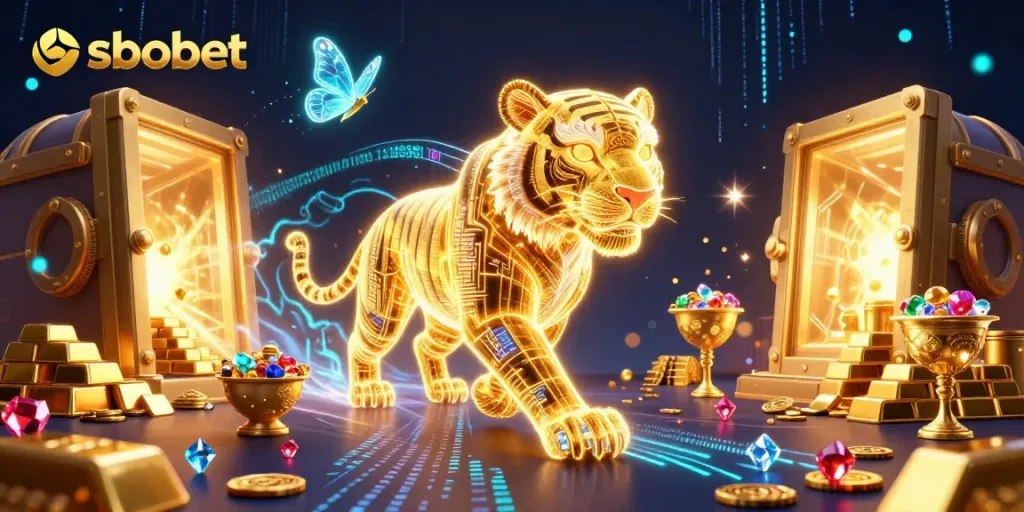 Experience thrilling sbobet sports betting with a neon tiger in an electrifying casino landscape.
