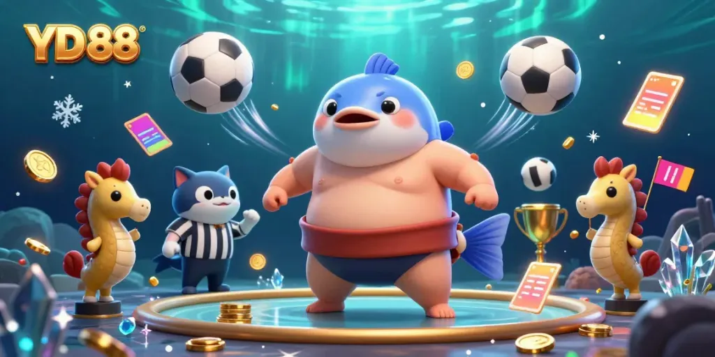 Engage with YD 88's vibrant underwater casino scene featuring a blowfish, catfish referee, and sports action.