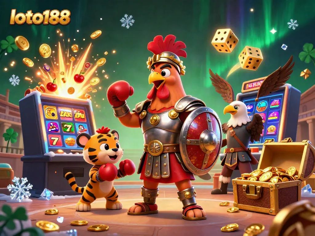 Experience the thrill of loto188 with a dynamic 3D rooster gladiator in an epic casino scene.