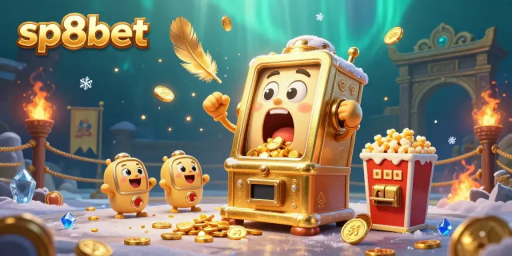 Experience the thrill of winning with sp8bet's animated golden slot machine celebrating its jackpot alongside excited baby machines.