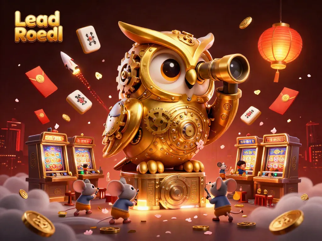 Engage in thrilling casino adventure with Lead Roedl's whimsical 3D golden owl, surrounded by vibrant gaming elements.