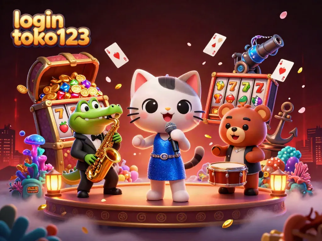 Engage with thrilling action in login toko123 casino, featuring lively characters and slot machine treasures.