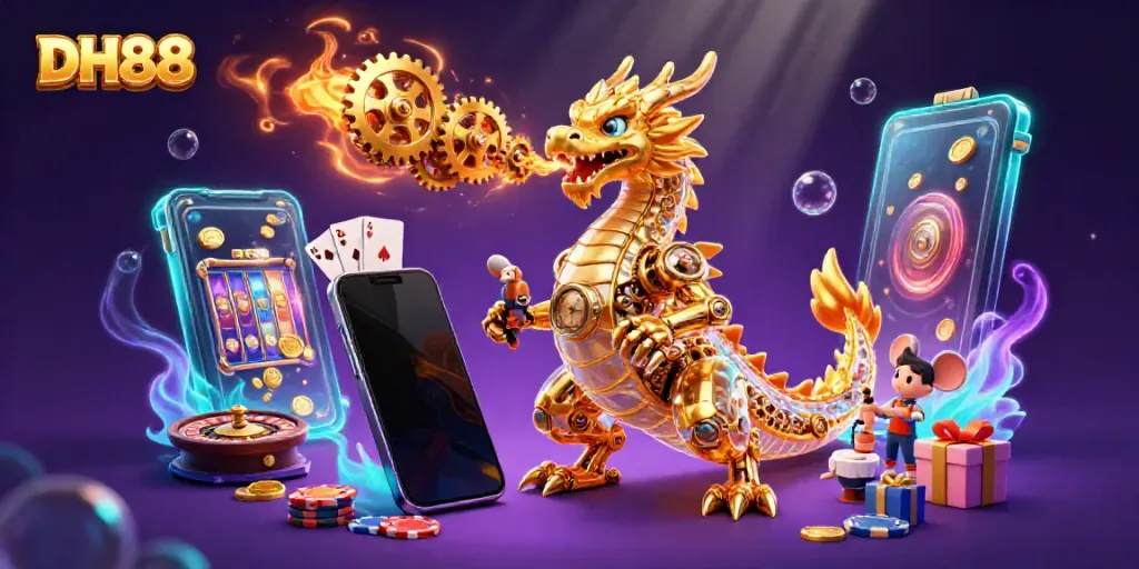Experience thrilling moments at DH88 with a dazzling dragon guarding vibrant casino games.