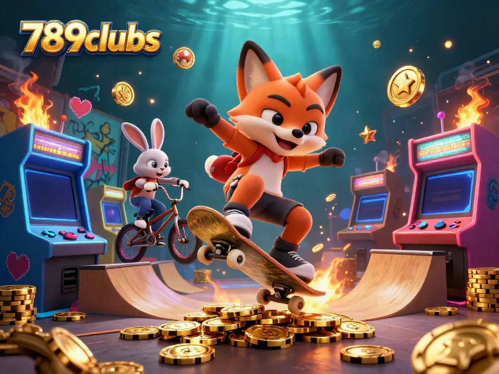 Join the excitement at 789clubs with vibrant gaming elements and a cartoon fox skateboarding over golden poker chips.