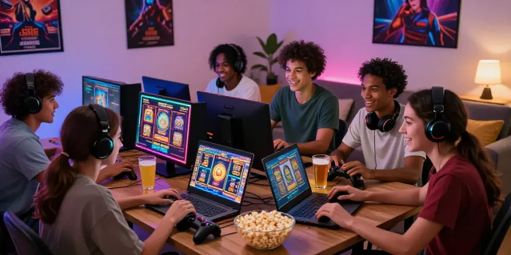 Friends enjoying a lively gaming session featuring psgslot on their laptops and consoles