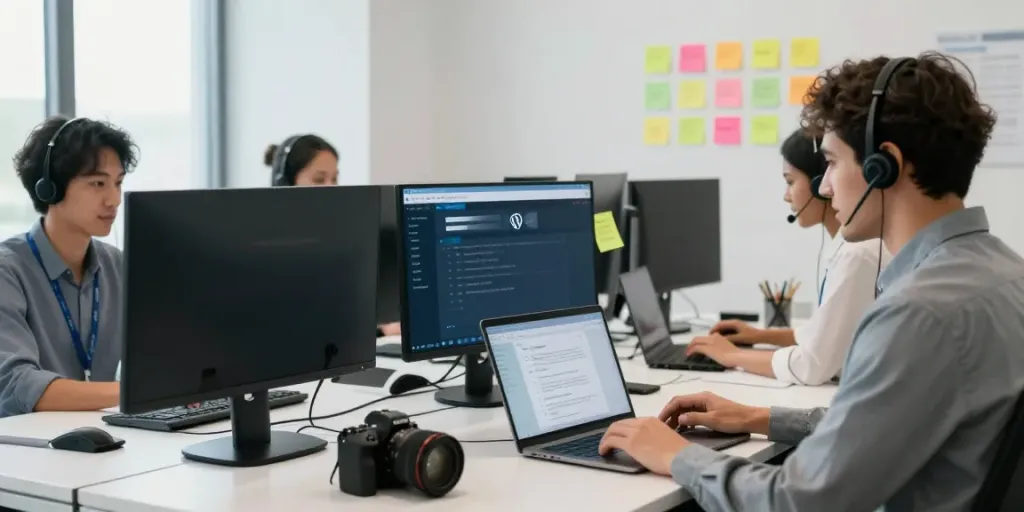 Customer support professionals interacting with a WordPress support ticket plugin in a modern office.