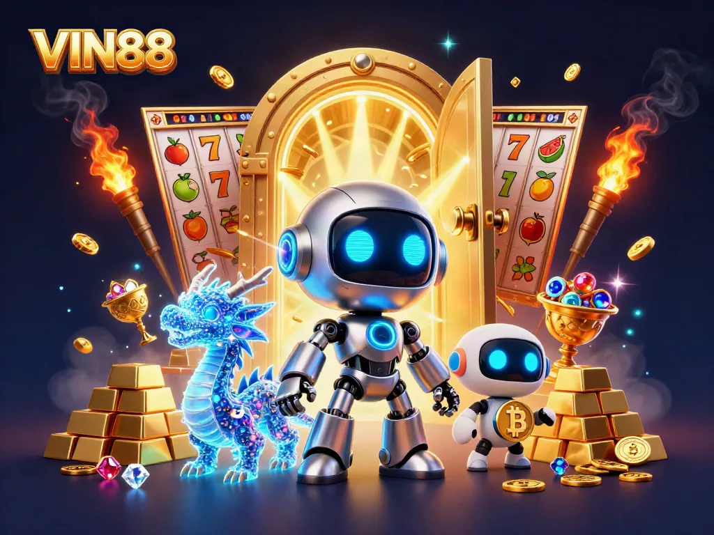 Experience the excitement of VIN88 with vibrant slot elements and engaging characters in a dynamic casino scene.
