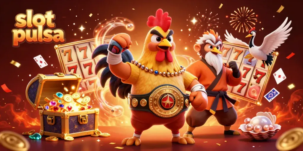 Ilustrasi slot pulsa yang penuh warna dengan ayam Muay Thai dan monyet Shaolin di antara unsur permainan slot.
