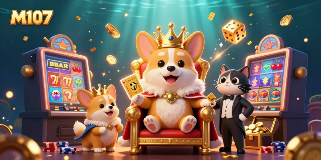 M107-themed casino illustration showing a royal corgi surrounded by slot machines and game elements.