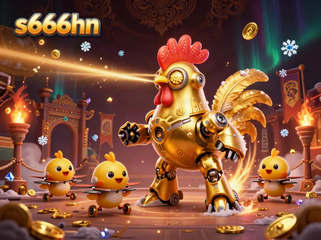 Engage with s666hn's vibrant 3D scene of a futuristic rooster robot surrounded by gaming elements.