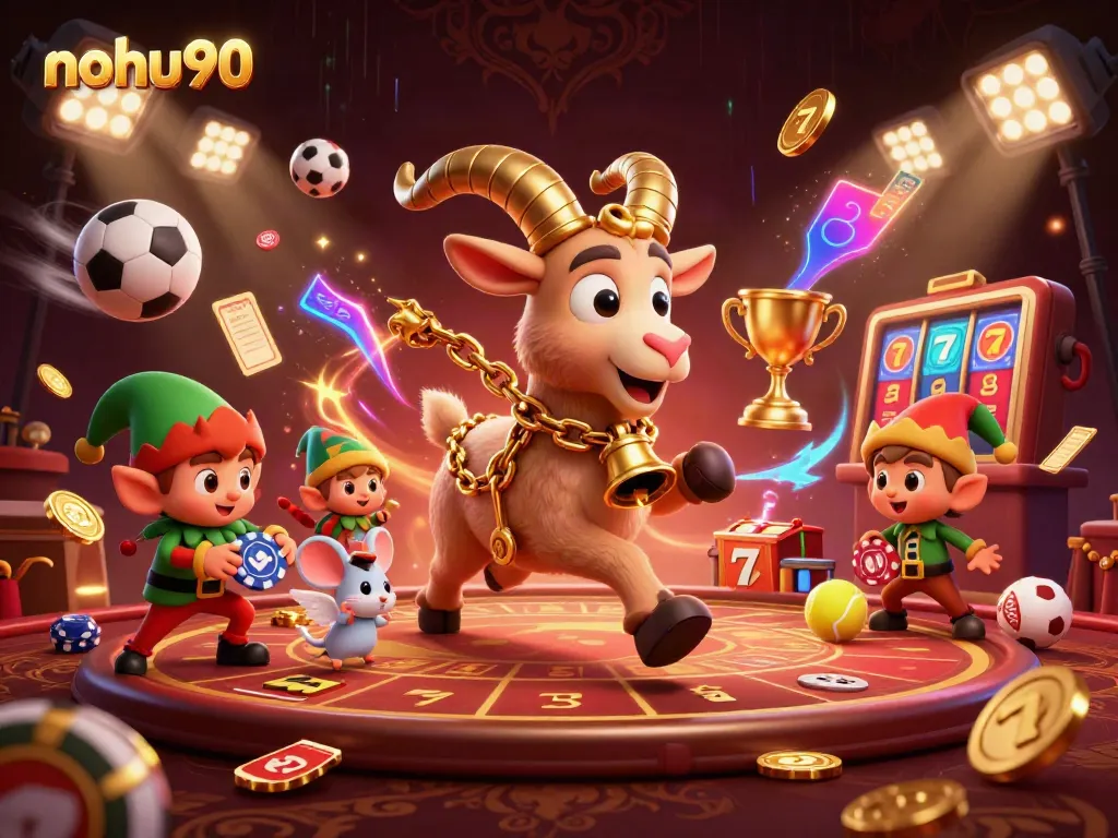 Nohu90 casino scene featuring Krampus, angel mouse, and elf gremlins in action.