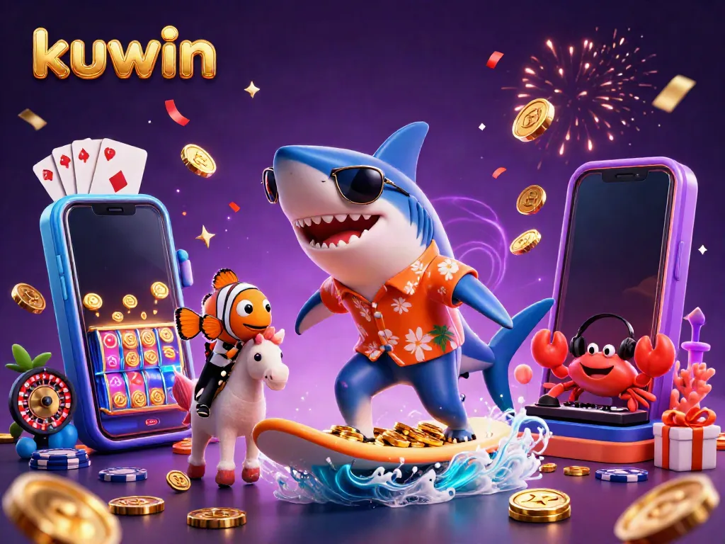Experience the thrill of kuwin with a festive gaming scene featuring a shark surfing on coins while a clownfish and crab DJ celebrate.