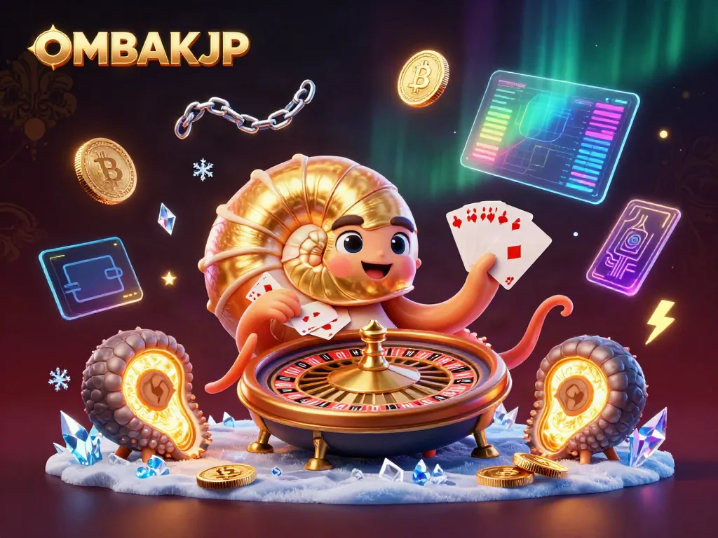 Experience thrilling wins with OMBAKJP, featuring a nautilus roulette wheel and glowing crypto elements.