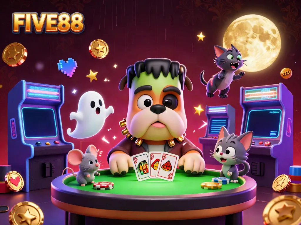 Engaging scene of FIVE88 with a Frankenstein bulldog dealing cards, a ghost mouse, and a werewolf kitten.