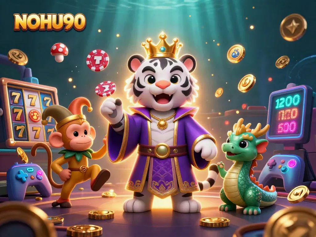 Experience thrilling slot games with NOHU90, featuring vibrant characters and gaming elements in action.