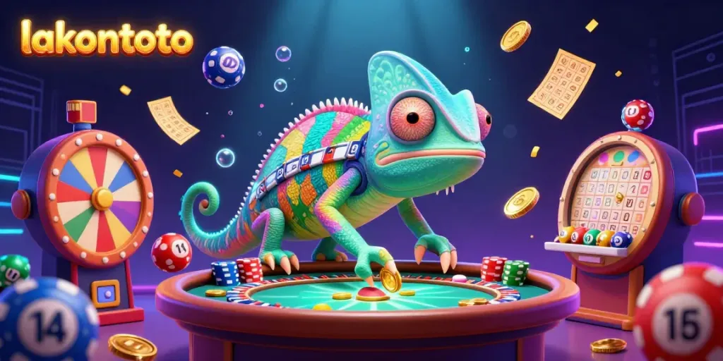 Permainan aktif di lakontoto dengan chameleon kasino raksasa dan undian bola lotere berwarna.
