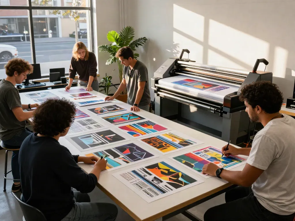 Designers preparing DTF transfer sheets in a vibrant Sacramento print shop.
