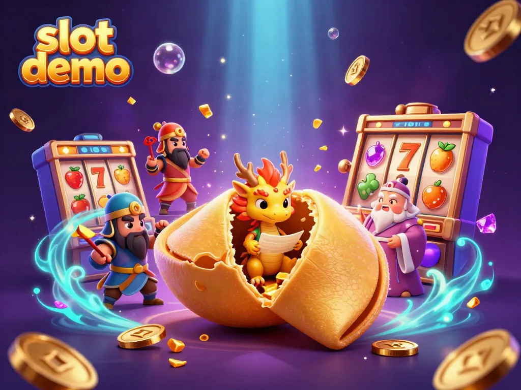 Engage with slot demo showcasing vibrant characters, golden coins, and dynamic slot machine elements.