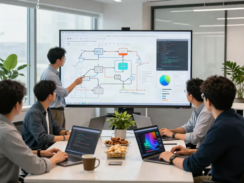 AI infrastructure collaboration in a modern tech workspace with team discussing architecture diagrams and coding.