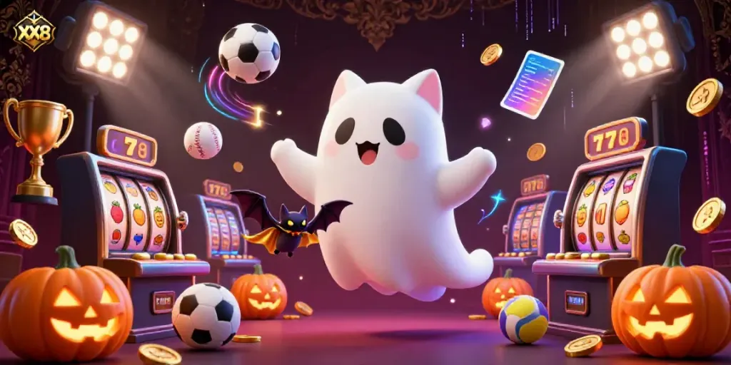 Experience thrilling gameplay with XX8 in this vibrant haunted casino scene filled with rich details and casino elements.