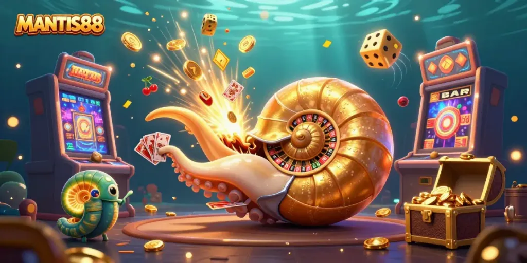 Experience the thrill of MANTIS88 with a vibrant illustration depicting a nautilus roulette wheel and jackpot excitement.