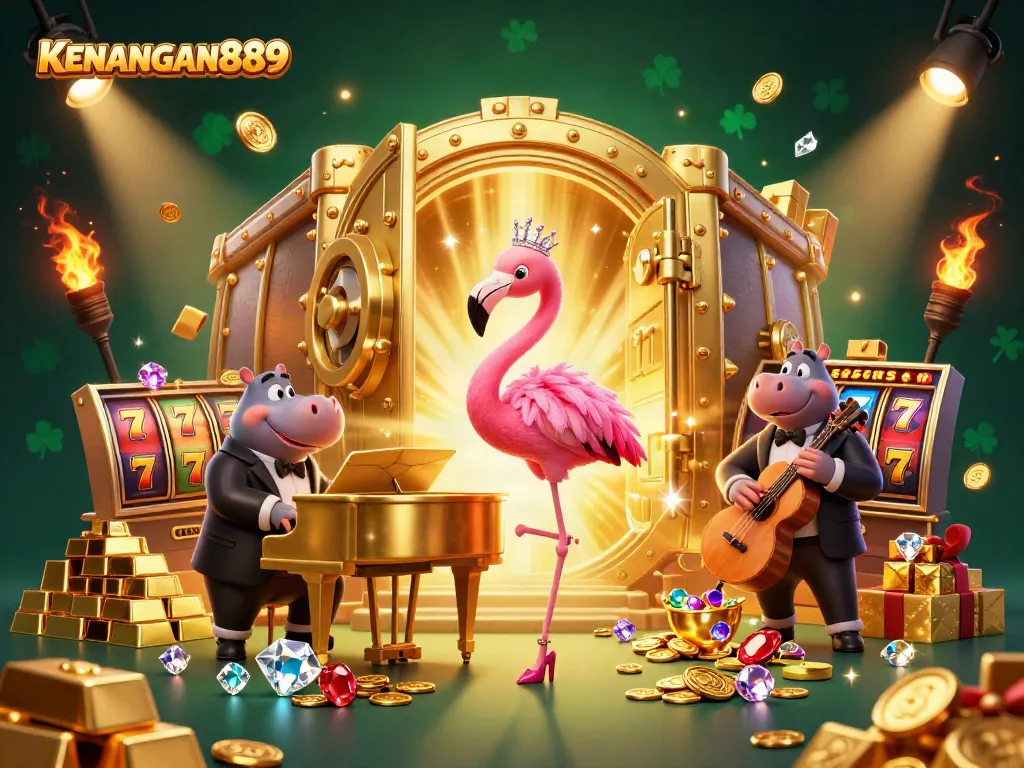 Experience KENANGAN889 through a vibrant 3D casino scene with a cartoon flamingo singer and hippo bassist.